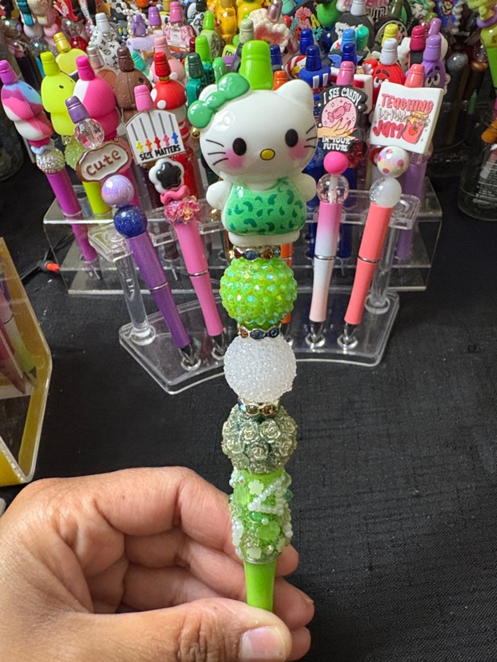 Cute Green Hello Kitty Beaded Pen